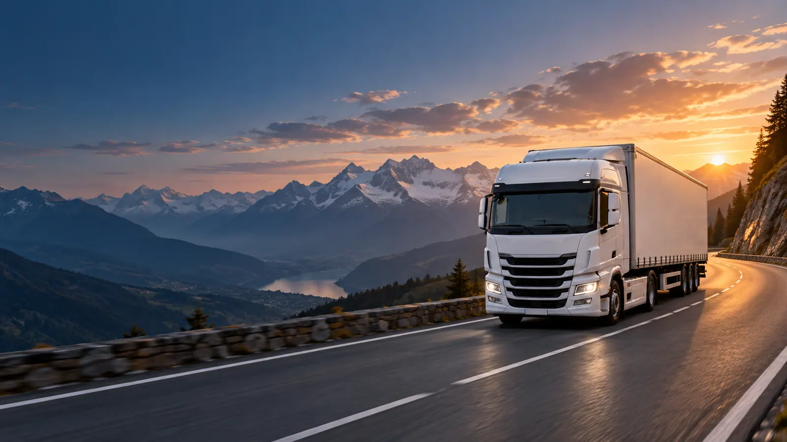 Freight truck crossing a mountain road at sunset
